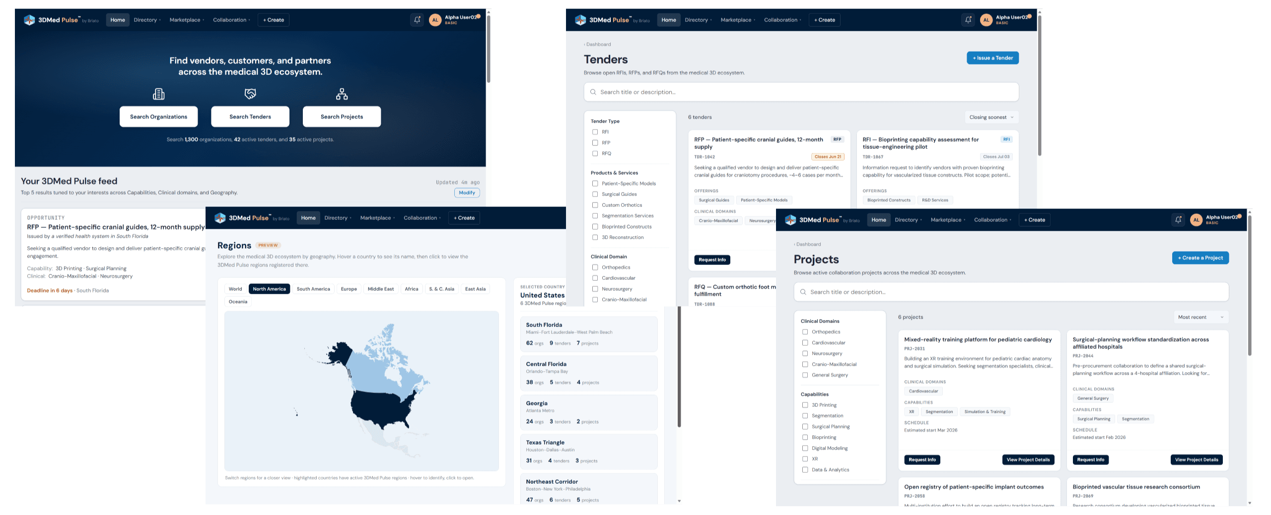A look inside 3DMed Pulse — the Dashboard, Tenders, Projects, and Regions surfaces